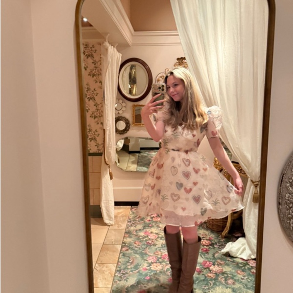 NWT $228 Anthropologie x Farm Rio Semi Sheer Puff-Sleeve Mini Heart Dress S - Picture 6 of 16